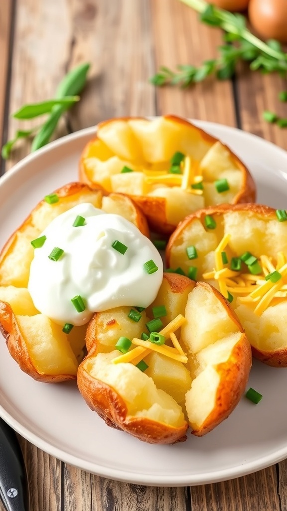 Quick Microwave Baked Potatoes Recipe Microwave baked potatoes topped with sour cream, cheese, and chives on a rustic plate.